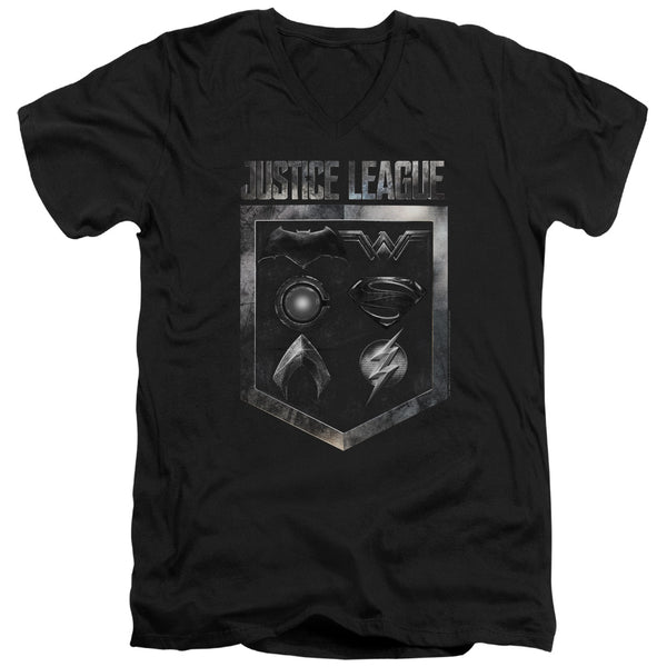 Justice League Movie - Shield Of Emblems Adult Slim Fit V Neck Cotton