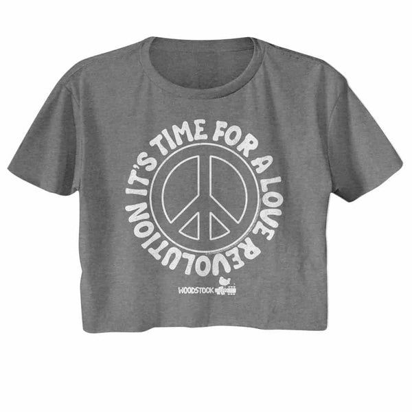 Woodstock Love Revolution Peace Sign-Ladies S/S Festival Cali Crop