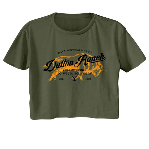 YELLOWSTONE-YELLOWSTONE DUTTON RANCH BUFFALOILITARY GREEN LADIES S/S FESTIVAL CALI CROP