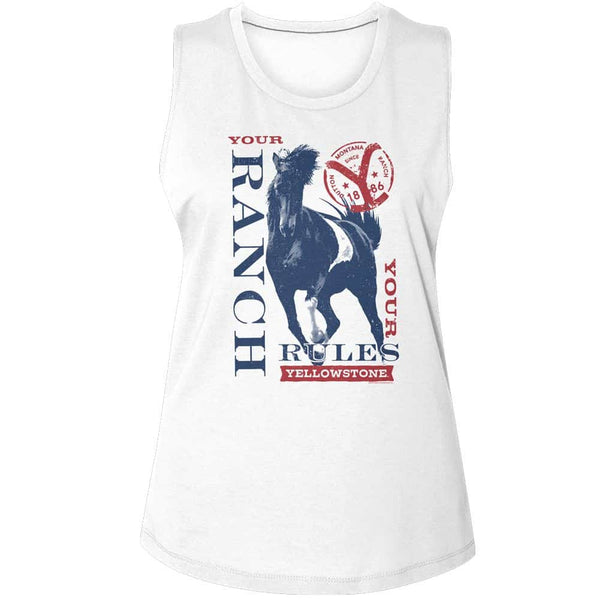 YELLOWSTONE-YELLOWSTONE YOUR RANCH YOUR RULES-WHITE LADIES MUSCLE TANK