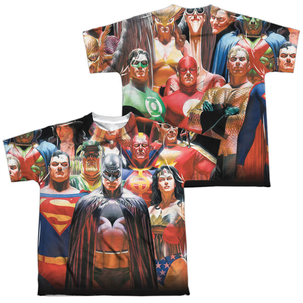 JLA - Wall Of Heroes (Front - Back Print) Youth Short Sleeve 100% Poly